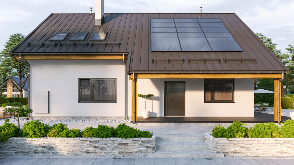 modern house with solar panels and wall battery